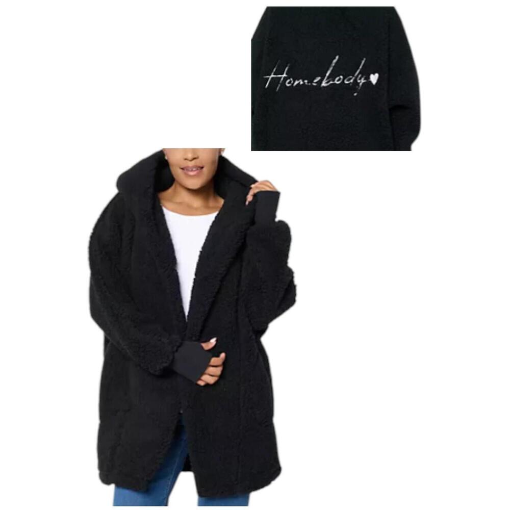 By Jill Martin Women's Sherpa Embroidered Hooded Lounger Black - Regular